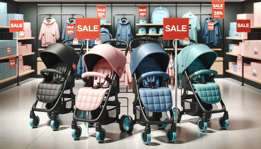 Five-baby-strollers-displayed-on-sale