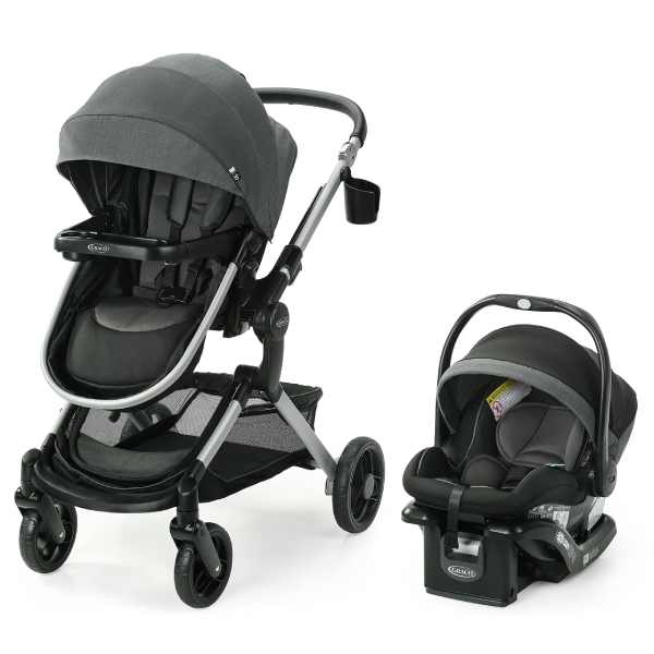 Flexible travel solution: stroller and car seat in one image.